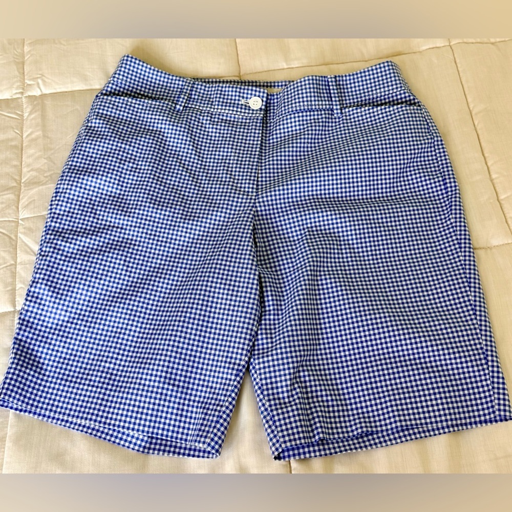 Talbots preppy blue white checkered plaid cotton mid length Bermuda shorts 12 P